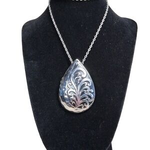 Ornate Scroll Teardrop Statement Necklace Silver Tone Filigree 29g Hammered 2"